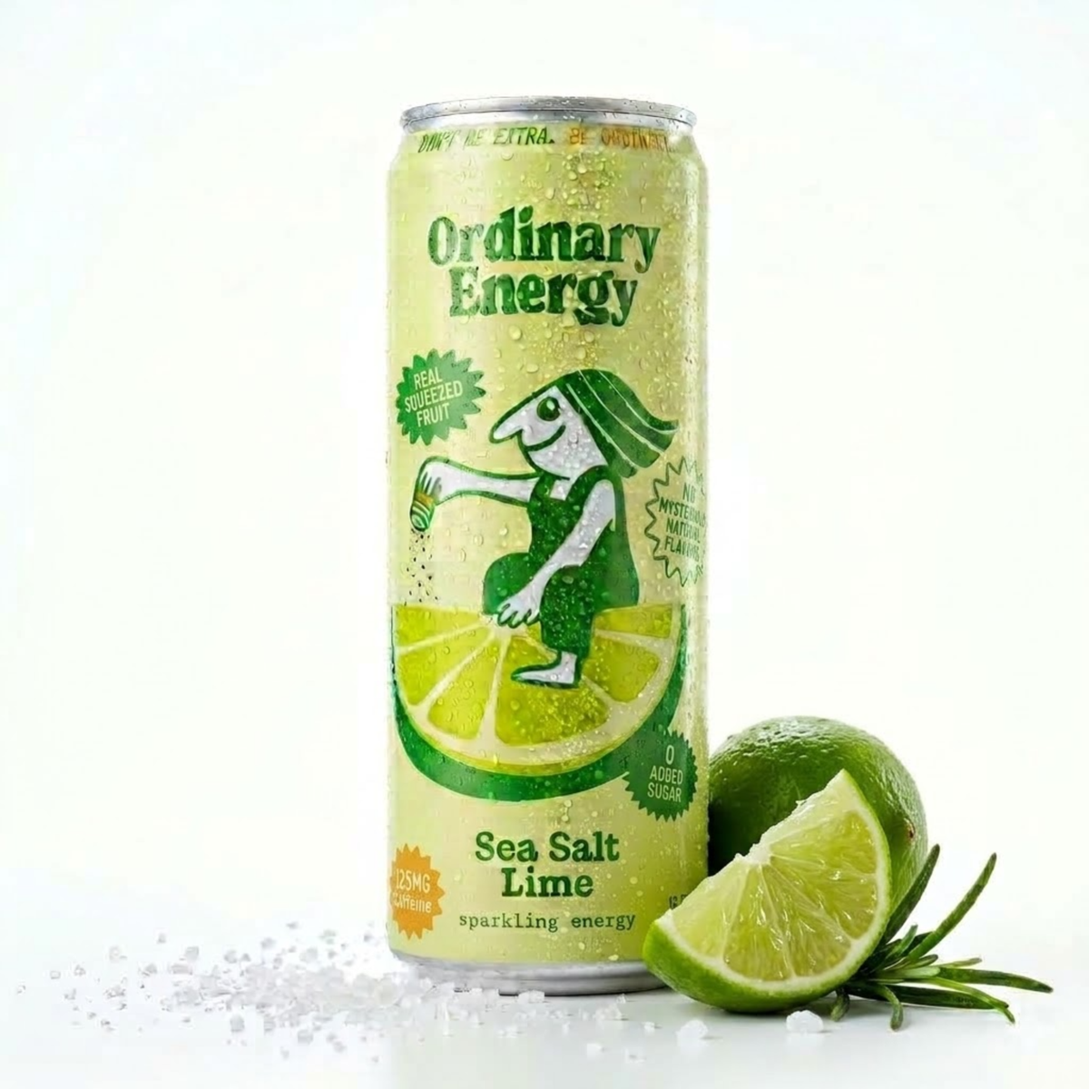 Ordinary Energy Sea Salt Lime sparkling energy drink can with lime wedges and sea salt